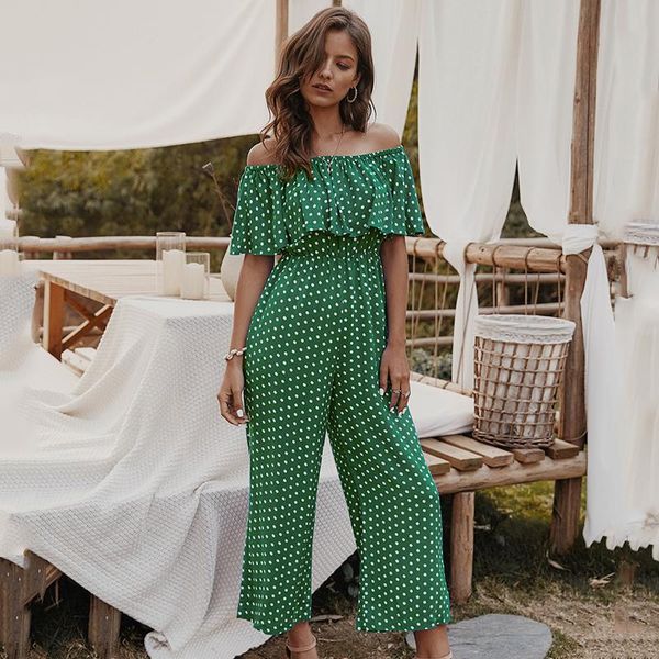 

women's jumpsuits & rompers 2021 summer long jumpsuit for women elegant dot print slash neck short sleeve high waist loose casual combi, Black;white