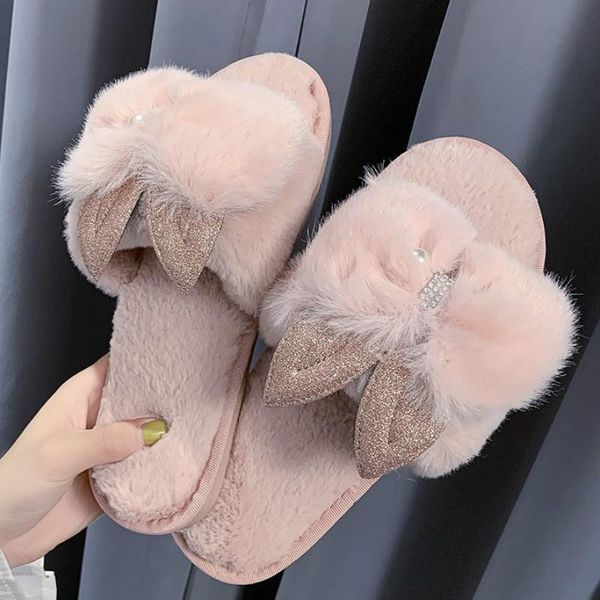 

round bead ears fur warm slippers slides ladies flats shoes slip on bow-knot home furry cute woman, Black