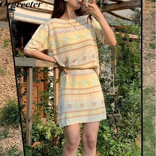 

summer fashion casual knitted ensemble femme 2 piece set women pullover sweater + a-line skirt sets conjuntos de mujer 210525, White