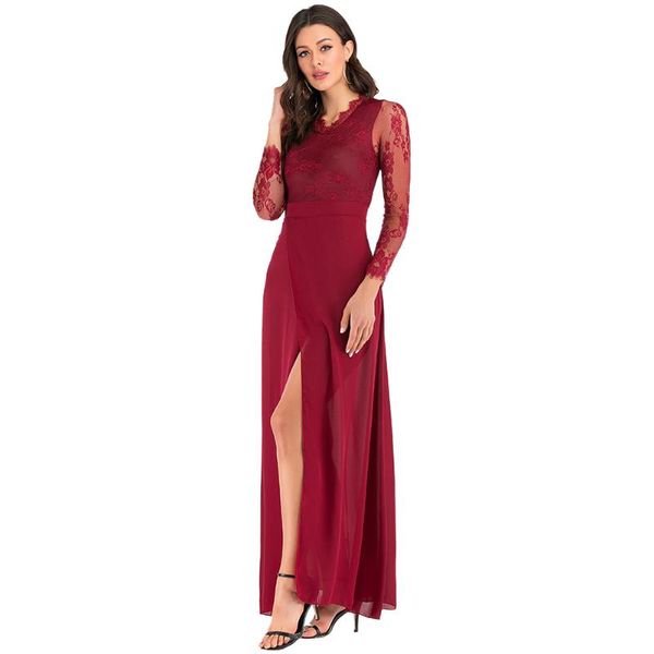 

women elegant wedding party dress v-neck lace long sleeve high split formal gown wine red robe dresses casual, Black;gray