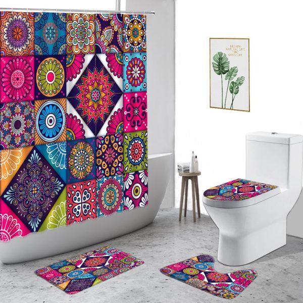 

shower curtains bohemian mandala flower ethnic style home decor background bathroom set non-slip carpet toilet cover bath screen