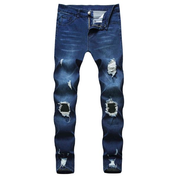 

men's jeans 2021 perforated elastic tight youth trend men's pants, Blue