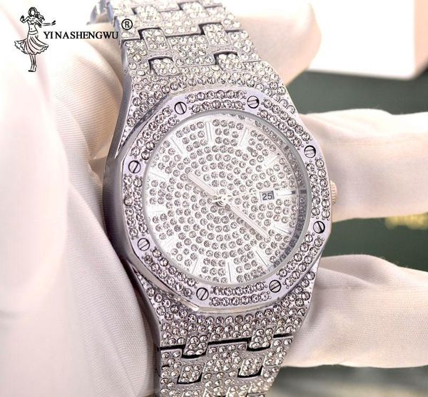 

wristwatches hip hop iced out gold watch quartz luxury full diamond round watches mens stainless steel wristwatch for gifts relogio masculin, Slivery;brown
