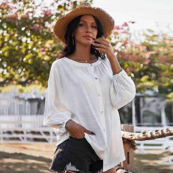 

women spring shirt fashion o-neck single buttons long sleeve solid casual women's loose blouses female summer 210524, White