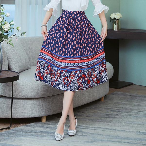 

skirts spring summer skirt 2021 women high waist floral print a-ine knee length cotton, Black