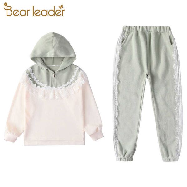 Bear líder 4-13 y meninas vestuário conjuntos de outono esportes ternos moda lace moletom top casual calças 2 pcs set para teen 210708