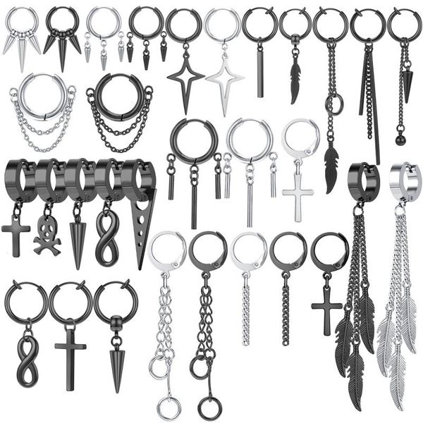 

hoop & huggie aoedej sliver plate chain earring stainless steel punk korean boy skull cross drop clip on jewelry, Golden;silver