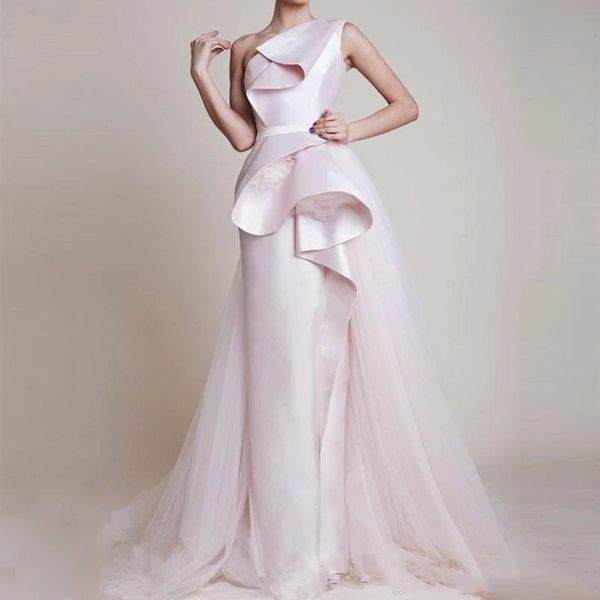 

new design elegant satin ruffles overskirt evening dresses one shoulder evening gown formal pants prom party dress, Black;red
