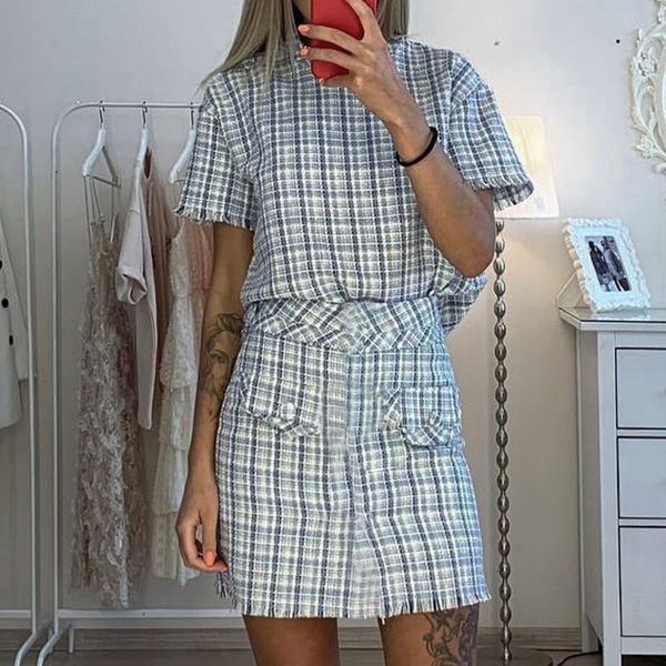 

two piece dress spring / summer women's commuter two-piece set round collar button plaid tassels short sleeve skirt tight gkgp, White