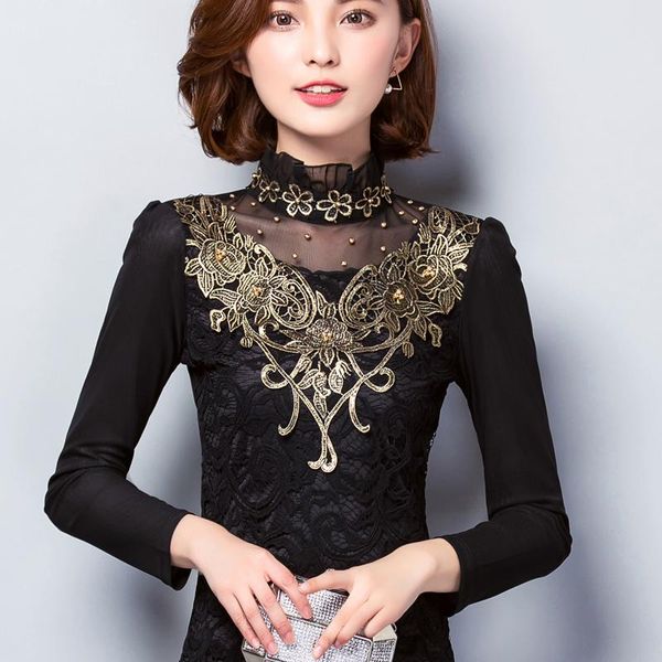 

women's blouses & shirts fashion lace blouse women plus size casual chiffon woman clothing long sleeve ladies bottoming shirt, White