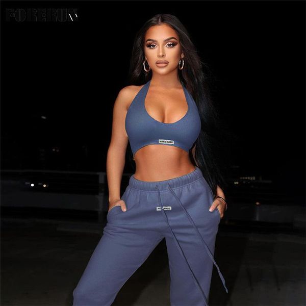

women's two piece pants forerun sports suit letter patches skinny ribbed halter crop high waist sweatpants joggers set, White
