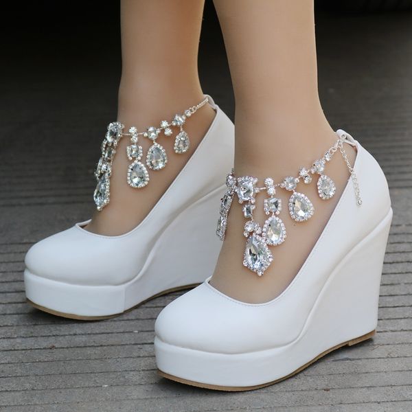 

sandals 2021 spring slope heel high heels large size chain wedding shoes round toe waterproof platform bridal women yhk, Black