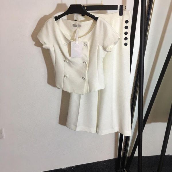 

women's two piece pants luxury summer women double-breasted short-sleeved suit jacket + high-waist wide-leg, White