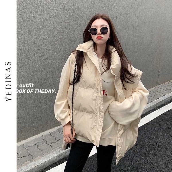 

yedinas winter vest coat women stand collar female long warm chaleco casual thick jacket sleeveless coats 210527, Black;white