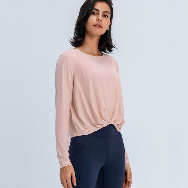 

tees t-shirt yoga cloth autumn winter hem fold loose and versatile leisure sports fitns long sleeve women's blouse, White
