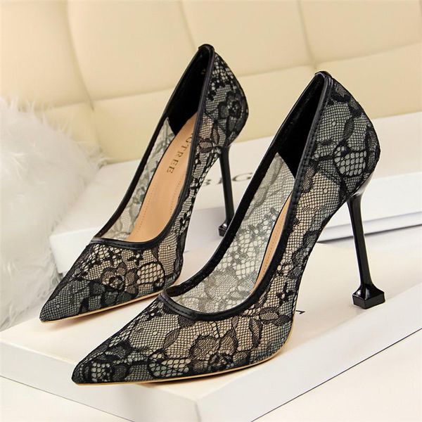 

dress shoes bigtree cut-outs lace pointed toe high heels women's fashion shallow club women pumps show thin party, Black