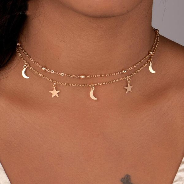 Collana girocollo con stelle di luna multistrato di moda Collana con ciondolo in acciaio inossidabile Collana con stella in oro Collane girocollo da donna