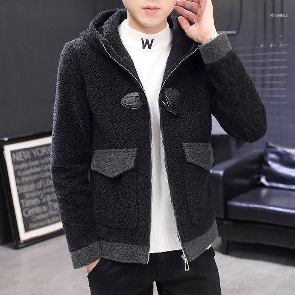 

men's wool & blends 2021 winter cashmere jacket woollen hooded trench thickening windbreaker business coats manteau homme hiver1, Black