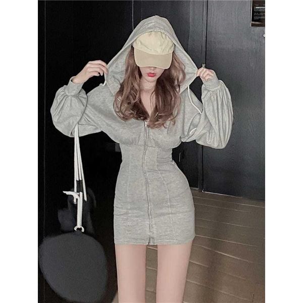 

summer dress 2021 casual hooded sweater women long-sleeved tight-fitting high-waist dresses slim-fitting women's, Black;gray