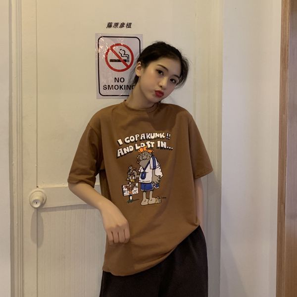 

simple cartoon pattern causal vintage letter short sleeve o-neck summer women fashion t-shirts 210522, White