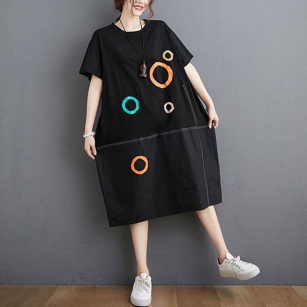 

100% cotton women casual dress new arrival summer simple style o-neck print loose comfortable female long dresses s3714 210412, Black;gray