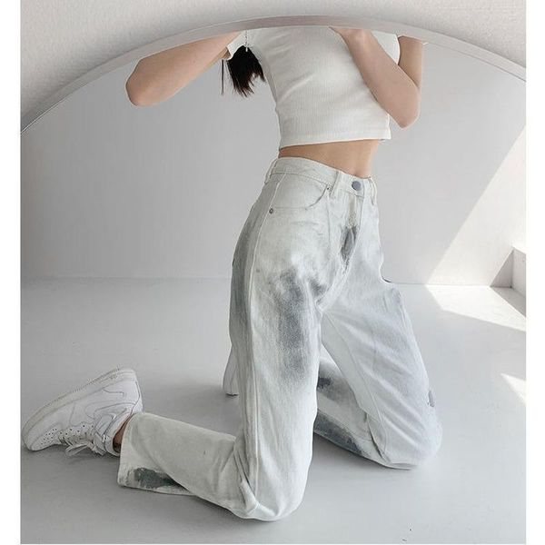 

women's jeans houzhou tie dye white fashion 2021 high waist baggy wide leg vintage straight trousers for female y2k pants, Blue