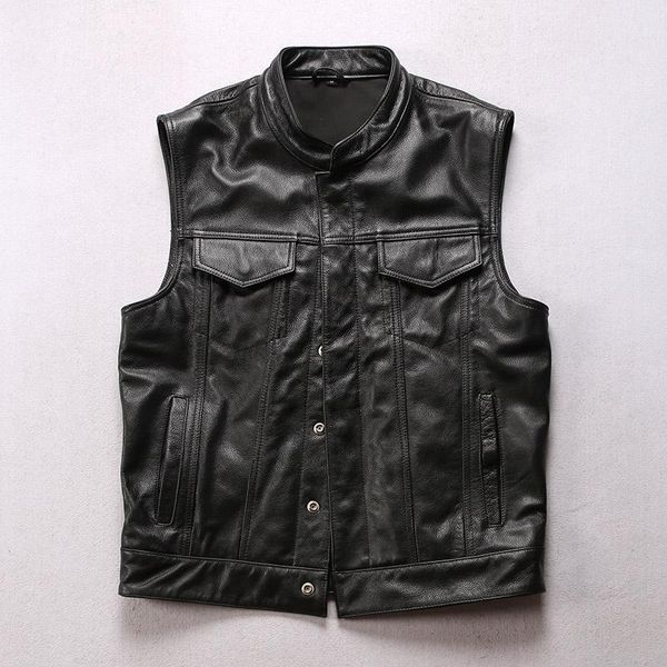 

men's vests hlzz7 asian size super quality tanned veg sheep leather vintage waistcoat stylish biker vest, Black;white