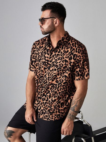 

extended sizes men leopard print button front shirt 816o#, White;black