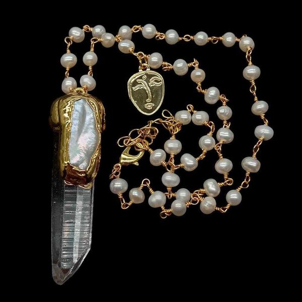 

yÂ·ying cultured rosary chain necklace white quartz biwa pearl pendant 19", Silver
