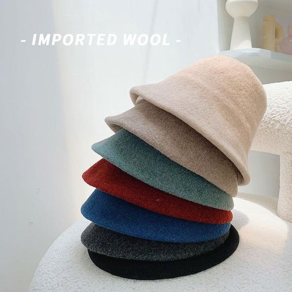 

wide brim hats 100% wool winter bucket hat for women luxury fashion vintage fisherman cap spring felt foldable korean style, Blue;gray