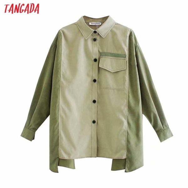 camicetta a blocchi di colore verde oversize da donna manica lunga chic camicia casual femminile allentata blusas femininas 6P1 210416