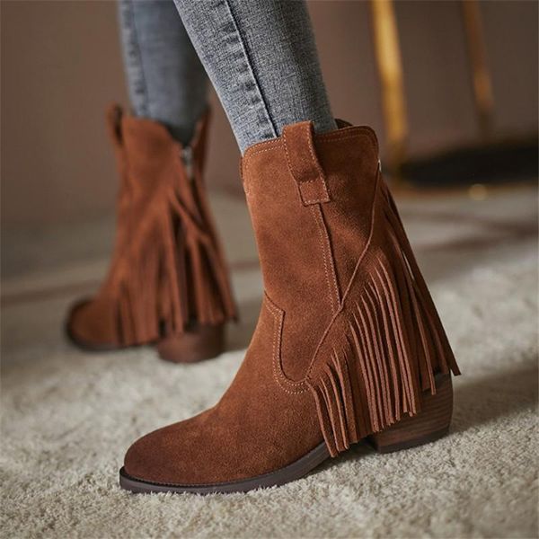 

boots pxelena designer women tassel 2021 autumn winter high heels zip cow suede fringe ankle shoes plus size 34-42 brown, Black