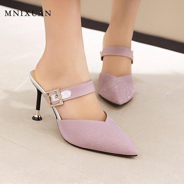 

dress shoes mnixuan designer women silver stilettos 2021 pointed bling pink high heels pumps part size 47, Black