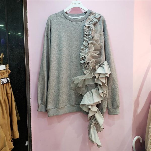 

women's sweaters [ewq]2021 spring pleated three-dimensional flower decoration loose sweatshirt korean style sports trend pullover knit, White;black