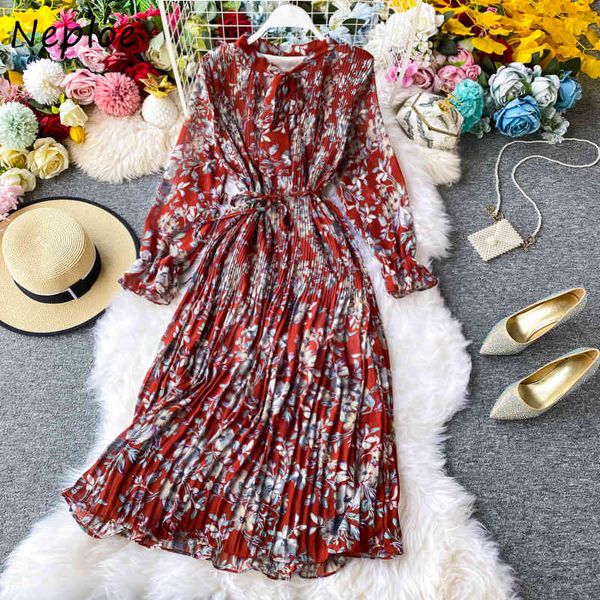 

neploe fresh print bowknot drawstring dress women retro elegant pleated dresses new fashion v-neck slim waist vestidos 210423, Black;gray