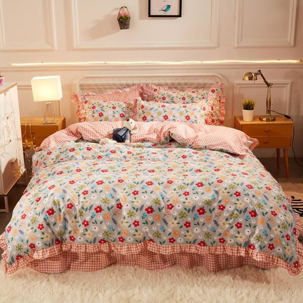 

bedding sets 2021 woman set pink duvet cover+flat sheet/skirt ruffles korean style home linens 3/4pcs bedclothes boy girl cartoon