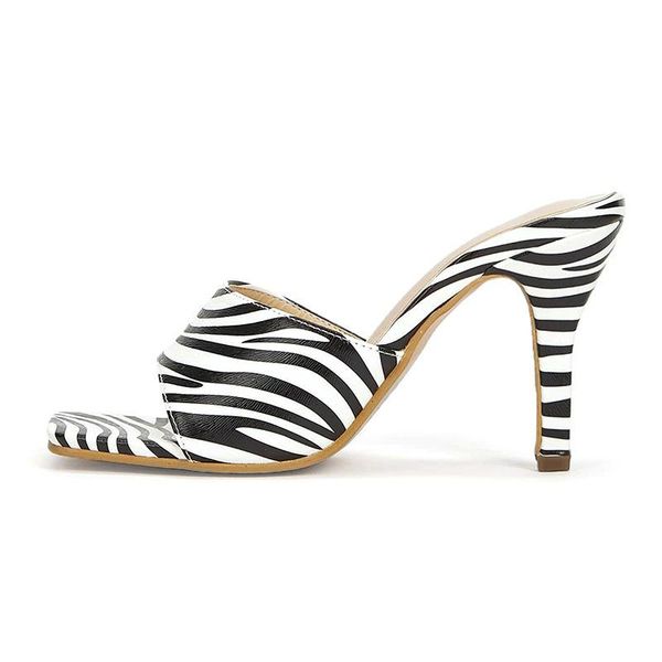 

sandals luxury zebra pattern low-cut square toe women's slippers stiletto heel shoes heels, Black