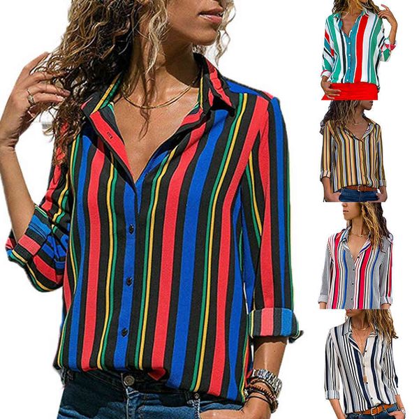 

polo rainbow striped sleeve long basic shirt v neck vetement femme 2021 plus size 5xl office t shirts down button of loose women, White