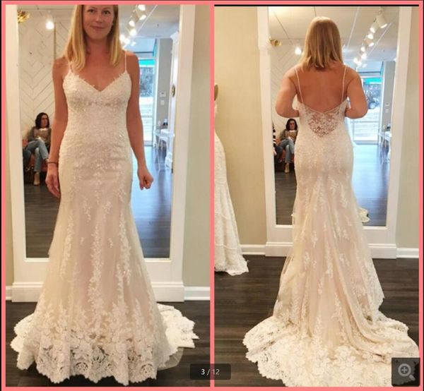 

vestido de festa white tulle mermaid wedding dresses spaghetti straps lace appliques beaded sequins formal bride dress open back sheer back