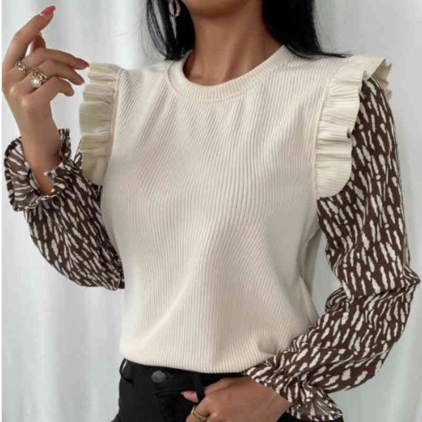 

spring slim women blouse shirt elegant office lady ruffle rib pullover vintage solid butterfly long sleeve blusas 210413, White