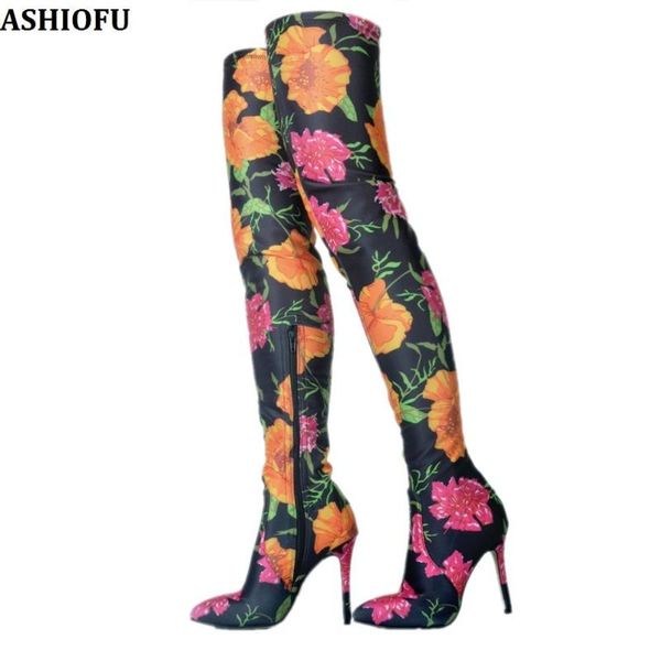 

boots ashiofu handmade womens thigh high flower leather party prom over knee night-club fashion evening, Black