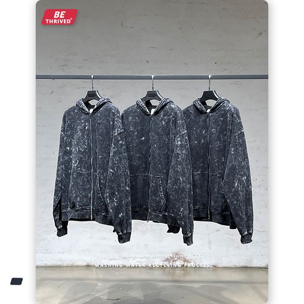

be men's wear 2021 autumn double zipper heavy industry washing used sweater new high street fashion brand hoodie, Black