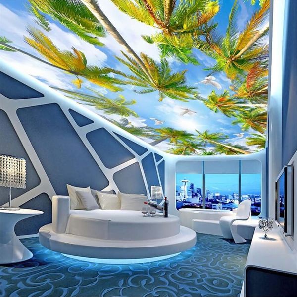 

summer coconut palm tree ceiling painting blue sky and white clouds ceiling custom large mural green wallpaper