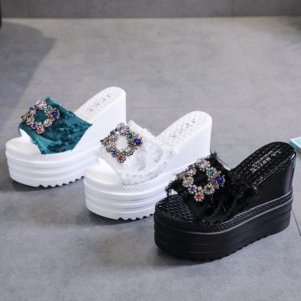 

slippers 2021 summer fashion rhinestone cloth surface fish mouth sponge cake thick bottom flip-flops, Black