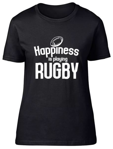 

happiness is playing rugby fitted womens ladies t shirt, White;black