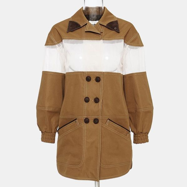 

women's jackets seebeautiful loose long coat female stitching perspective mesh lapel sleeve double breasted summer 2021 fashion l109, Black;brown