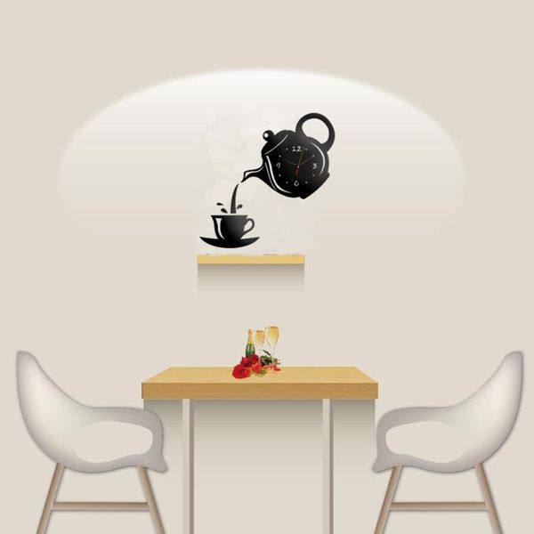 

wall clocks creative 3d mirror sticker clock acrylic coffee cup teapot decor kitchen dining room home
