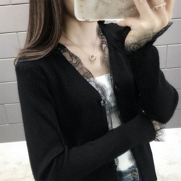 

women's knits & tees women 2021 spring autumn casual sweater female v-neck solid outwear ladies long sleeve loose knitted cardigan c21, White