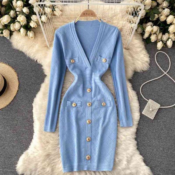 

singreiny women knitted pencil dress korean long sleeve v neck elastic slim dress autumn winter bodycon warm sweater, Black;gray