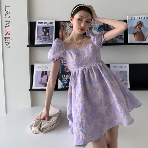 

women square collar print bubble sleeve purple dress large size fit lady fashion tide summer arrivals 2h99 210507, Black;gray